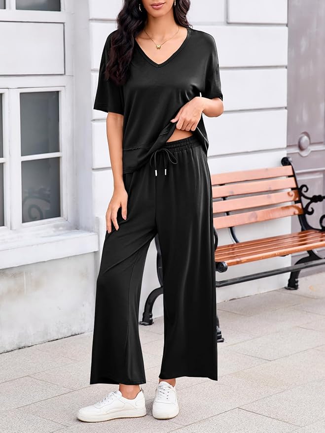 Tankaneo Womens 2 Piece Sets Casual Tracksuits Short Sleeve Tops Wide Leg Pants Outfits Lounge Sets