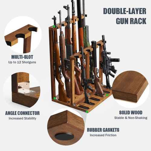 amoard Indoor Gun Racks, Wooden Free Standing Heavy Duty Shotgun Display Rack, Rifle Stand Organizer, 12 Rifles Storage Holder Wood Gun Rack (Walnut)