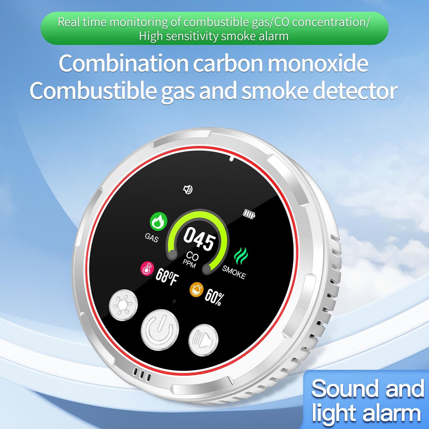 HAKINAKU 5-in-1 Ring Plug in Natural Gas & Smoke & Carbon Monoxide Detectors Combination Built-in 1000mAh Backup Battery 85dB Smoke CO Temp Humidity Senor for Home Hotel Travel (White, 1 Pack)