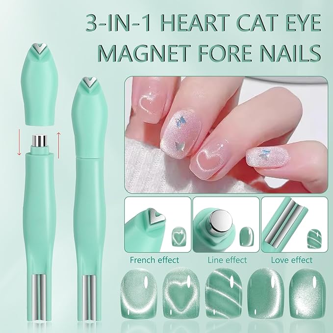 JERCLITY 1 Pieces Green Cat Eye Magnet for Nails 3 in 1 Heart Magnet for Cat Eye Gel Polish, Cylindrical Magnets with Scissor Shaped Tools for French Cat Eye Effect