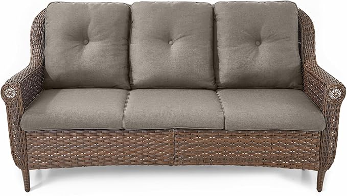 ACTREST Patio Couch Outdoor Wicker Sofa - Heavy Duty All-Weather Brown Rattan 3-Seater with High Back and Comfortable Thick Cushions for Garden Back Porch Poolside Apartment - Grey