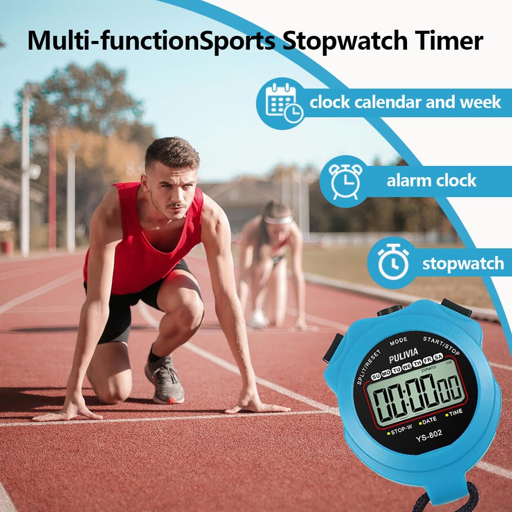 PULIVIA Sports Stopwatch Timer, Single Lap Split Digital Stop Watch for Sports Kids Coaches Swimming Running, Blue