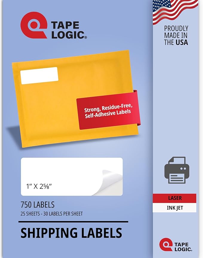 TAPE LOGIC Printable Self-Adhesive 1" x 2 ⅝” White Laser Labels (25 Sheets of 30) | 750 All Purpose Blank Sticker Label, Office & Personal Supplies for Address Shipping & Mailing