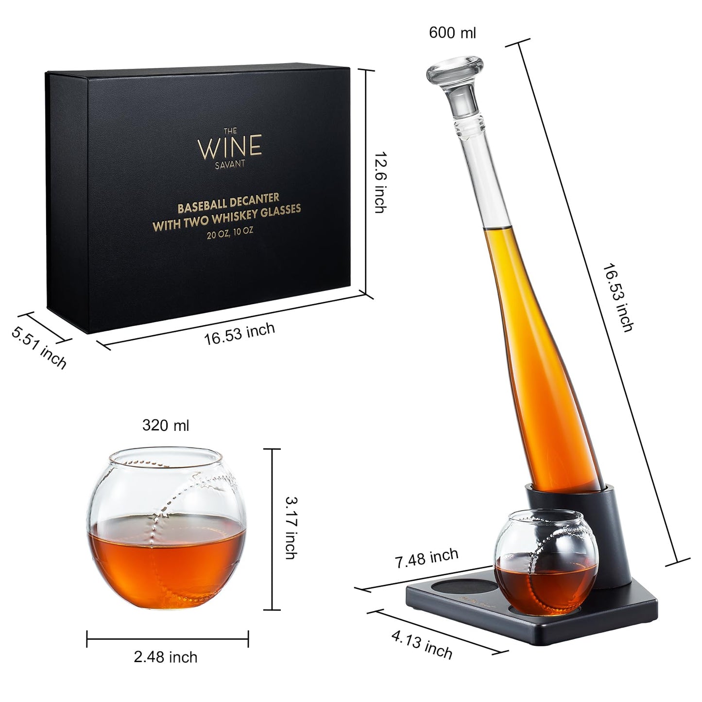 Baseball Themed Whiskey Decanter Set - 20Oz Bat Shaped Decanter with 2 11OZ Glasses, Birthday Gift for Men, Brothers, Boyfriends, Coaches – Ideal for Liquor, Tequila and Bourbon with Giftable Box