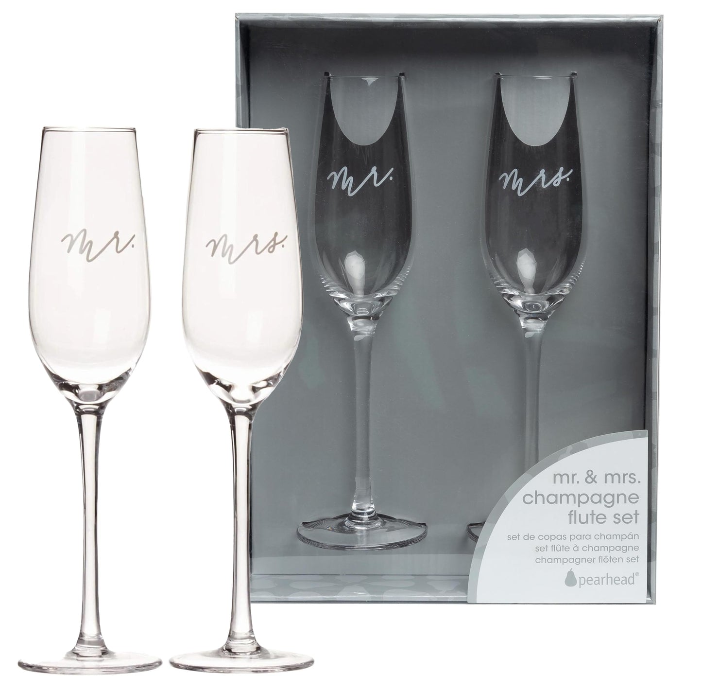 Pearhead Mr. & Mrs. Champagne Flute Set - With Gift Box Packaging, Elegant His and Hers Wedding Toasting Glasses for Reception, Bridal Shower and Registry Idea, Tall Wine Glasses for Bride and Groom