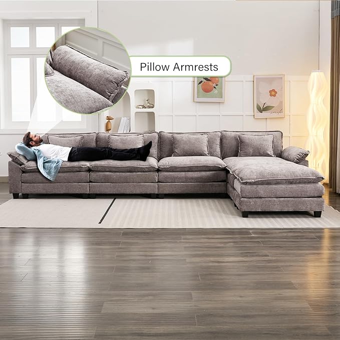 Oprisen 154" Modular Sectional Sofa, Comfy Cloud Couch Sectional Sofa with Ottoman, Chenille Sofa Sleeper Deep Seat Sofa with Throw Pillows for Living Room (Light Gray, 154"- U Shape)