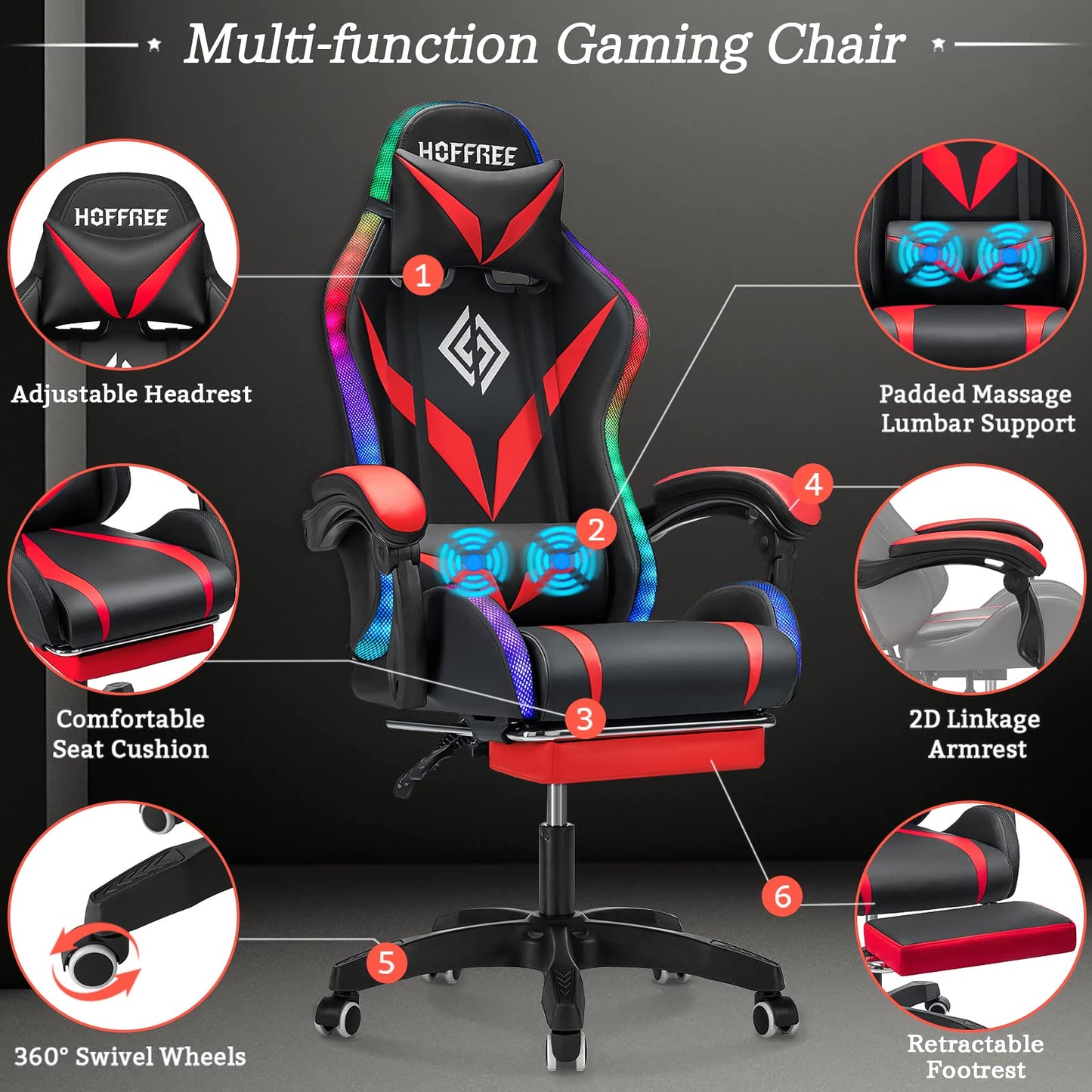 Gaming Chair with Speakers and LED Lights Ergonomic Computer Chair with Massage and Footrest Reclining Video Game Chair for Adults with Adjustable Lumbar Support Red and Black