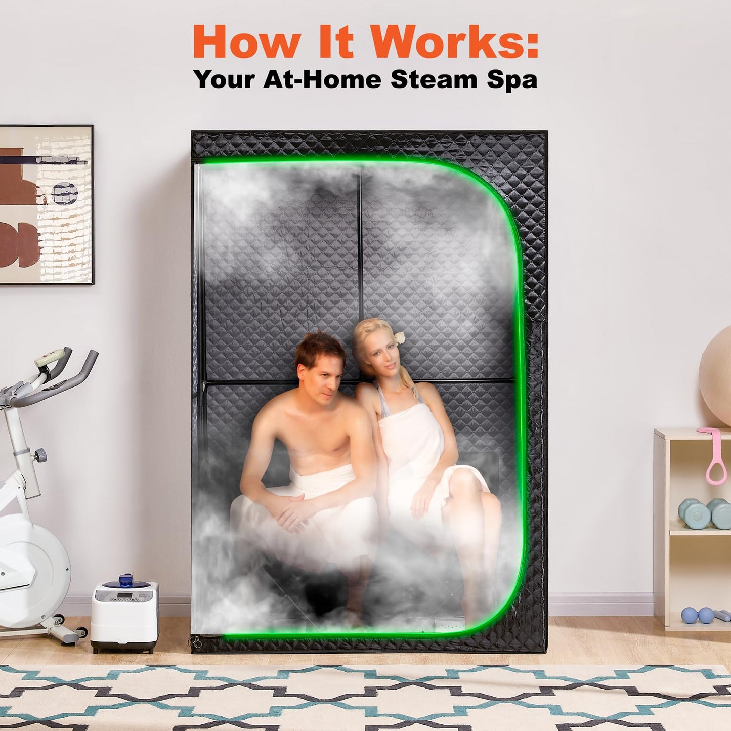 UNANEST Portable Steam Sauna Tent for Home, Full Body Relaxation, Fast Heating, Foldable Indoor Sauna (Double Square, Polyester + PVC)