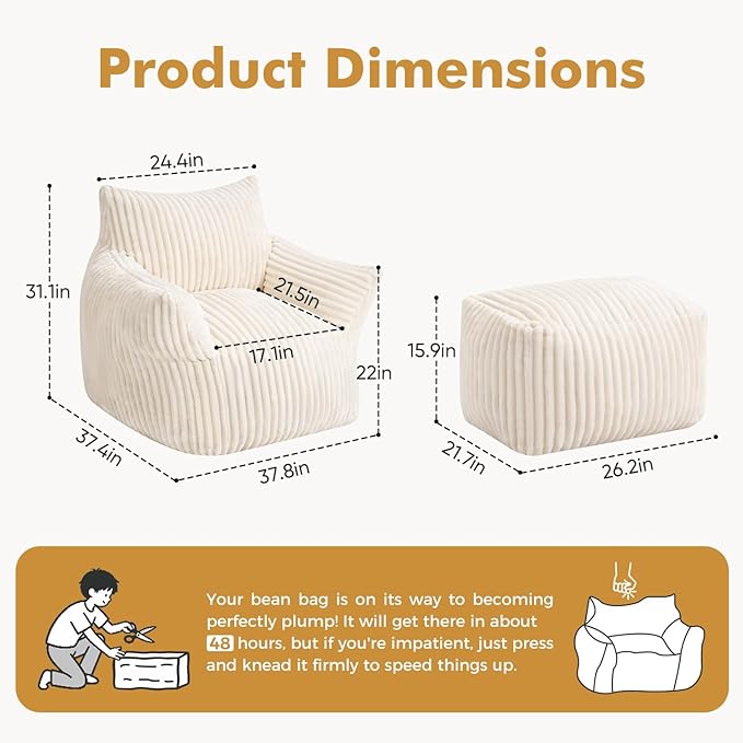 JULY'S SONG Bean Bag Chair with Ottoman for Adults, Fluffy Cream Lazy Couch Sofa Chair with Armrests for Living Room, Bedroom & Dorm