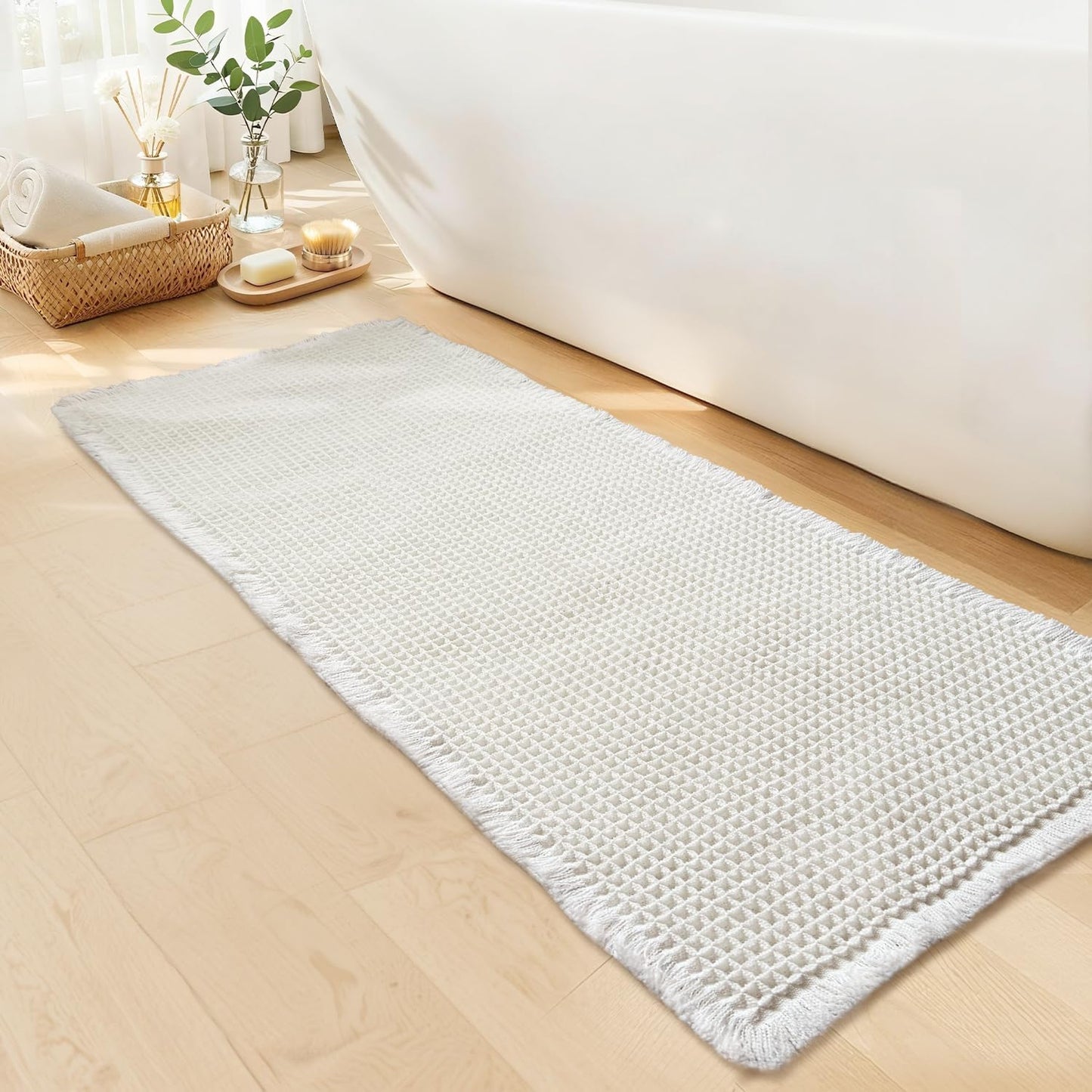 White Bathroom Rugs, Waffle Bath Mat Non Slip Washable, Super Absorbent & Quick Dry, Boho Bath Mat Farmhouse Bathroom Decor, 20'' x 48'', White