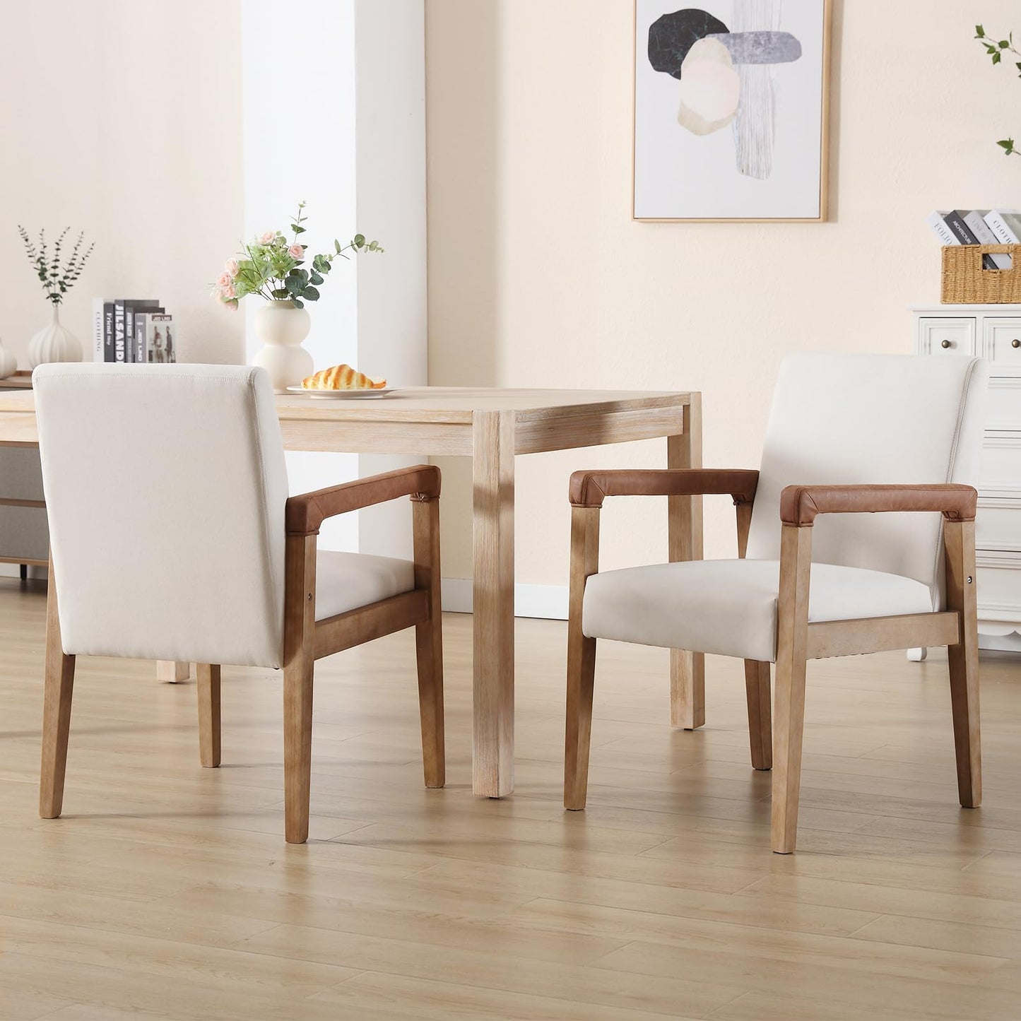 Kmax Modern Dining Chairs Set of 2 Linen Fabric Kitchen Arm Chairs Upholstered Accent Chairs with Wooden Legs for Dining Room, Living Room, Bedroom, White
