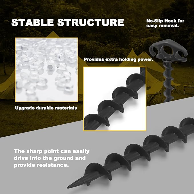COBARYEN Tent Stakes Ground Anchors Screw in, 6 Pack Sand Stakes for Beach 9.4 Inch Heavy Duty Spiral Tent Pegs for Camping, Party, Hiking, Outdoor Decoration (6, Black)