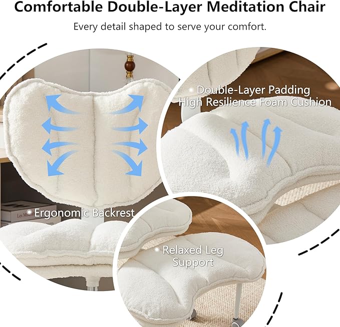 Cross Legged Office Chair with Wheels, Double-Layer Cushion & Backrest, 360° Swivel Meditation Yoga Chair, Adjustable Height Ergonomic Desk Chair for Adults & ADHD, Teddy Fabric, Ivory