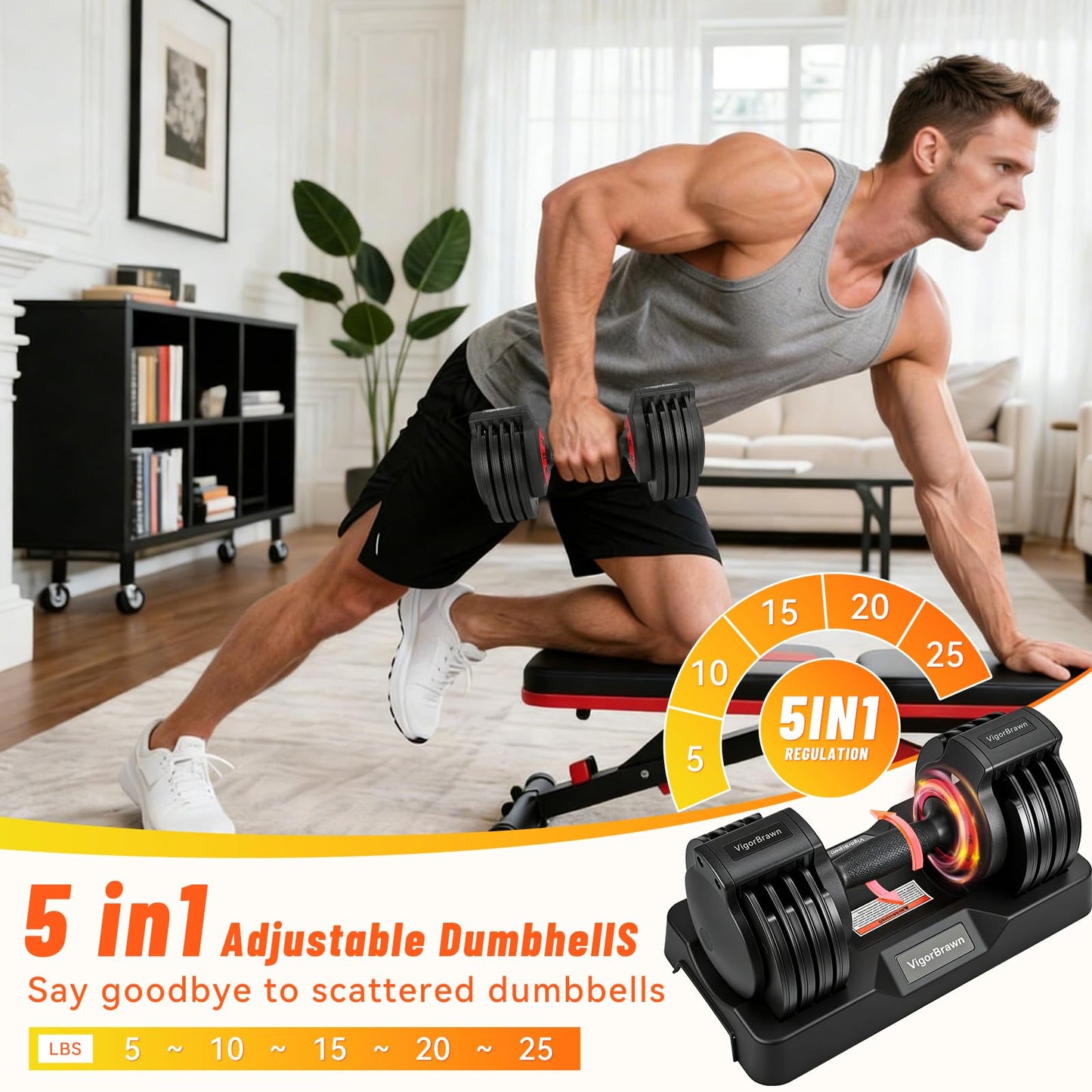 Adjustable Dumbbell Set 25LB, 2-in-1 Weights with Anti-Slip Handle, Fast Weight Adjustment for Home Gym, Strength Training for Men & Women, Single/Pair with Tray（2 PCS)