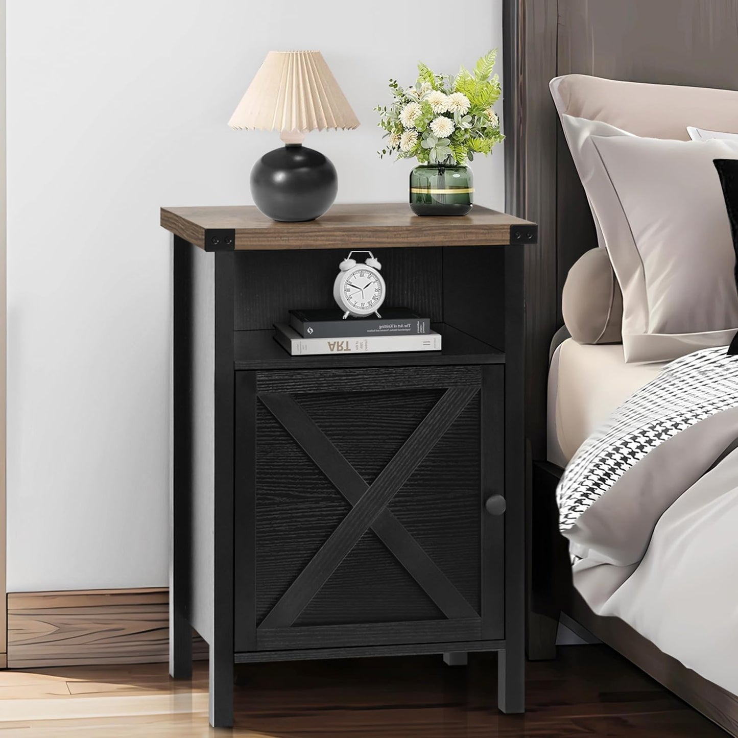 Farmhouse End Table, Nightstand, End Tables with Barn Door and Shelf, Wooden Sofa Side Table, Modern Bed Side Table Rustic Nightstands Set of 2, Bedroom, Living Room, Black