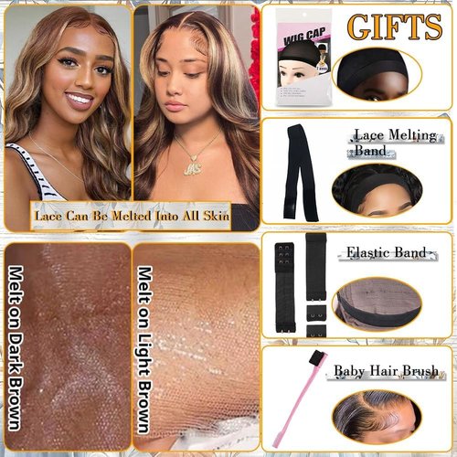 Azkiu Highlight Ombre Lace Front Wig Human Hair 13x4 HD 4/27 Honey Blonde lace frontal Wigs Pre Plucked with Baby Hair 150% Density Colored Body Wave Lace Front wig Human Hair Natural Hairline 14Inch