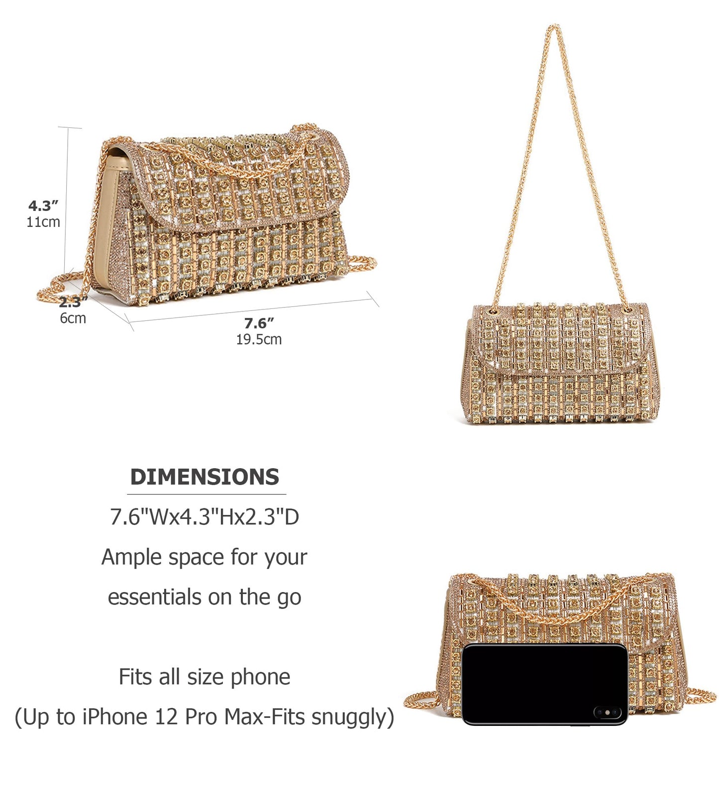 Sweetovo Rhinestones Clutch Purses for Women Chain Shoulder Bags Sparkly Evening Bags for Cocktail Prom Party Wedding (Gold)