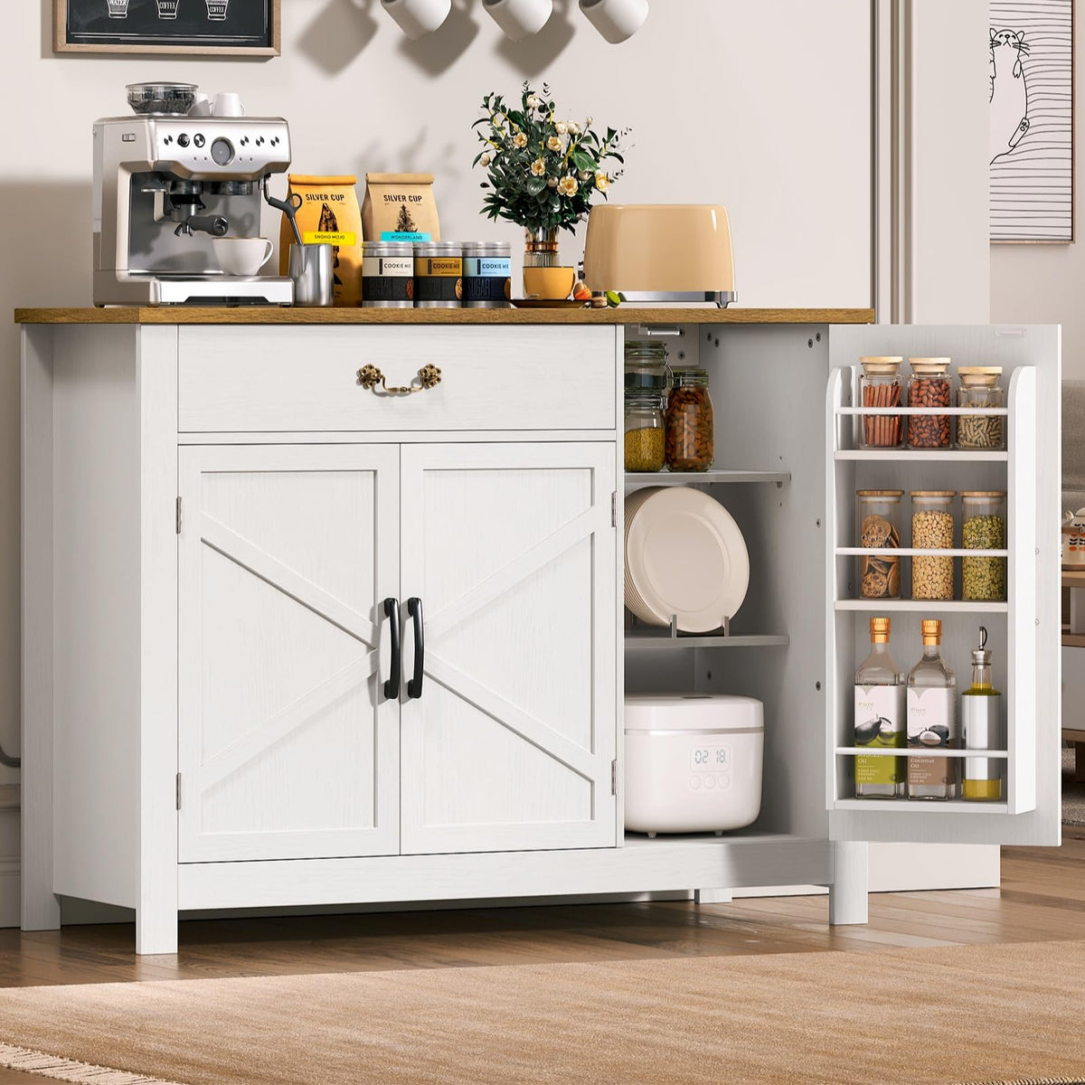 RALGEND Farmhouse Sideboard Buffet, 43” Kitchen Storage Cabinet with Drawer, Buffet Cabinet with Storage, Coffee Bar Station with Adjustable Shelves, for Kitchen, Entryway, White and Walnut