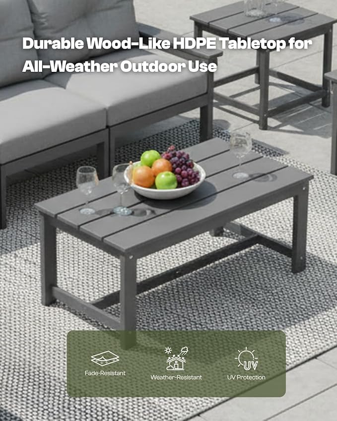 HDPE Patio Coffee Table, All-Weather Outdoor Coffee Table Patio Conversation Sets for Lawn, Garden, Porch, Balcony, Deck, Grey