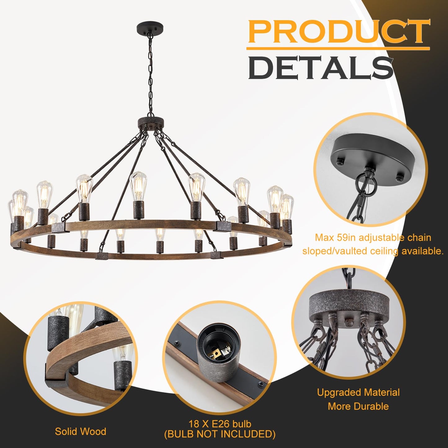 Benkut Farmhouse Wagon Wheel Chandelier 47" Black Rustic Light Fixtures 18-Light Wood Round Chandelier for Foyer Living Room Entryway Dining Room