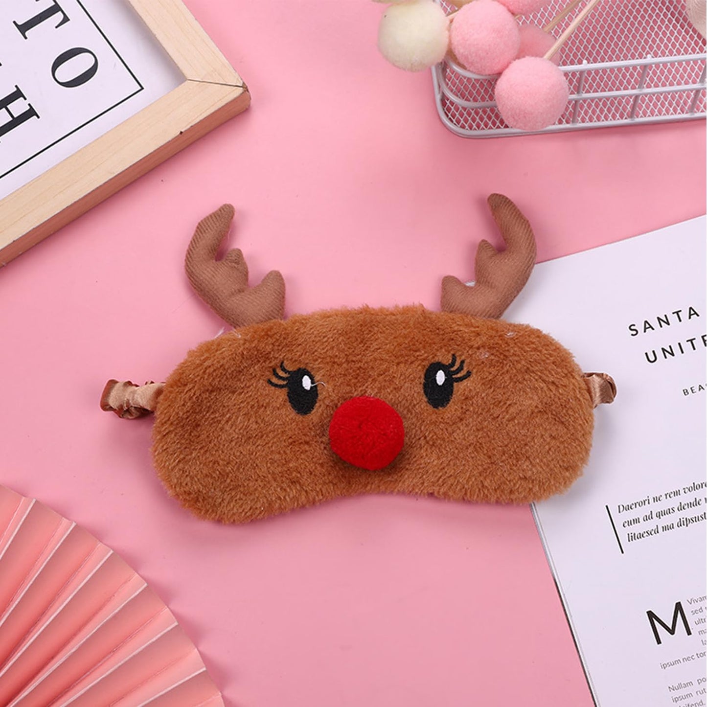 JRINYE Cute Reindeer Plush Sleep Mask - Soft Fluffy Eye Cover Blindfold for Kids, Girls and Adults - Brown