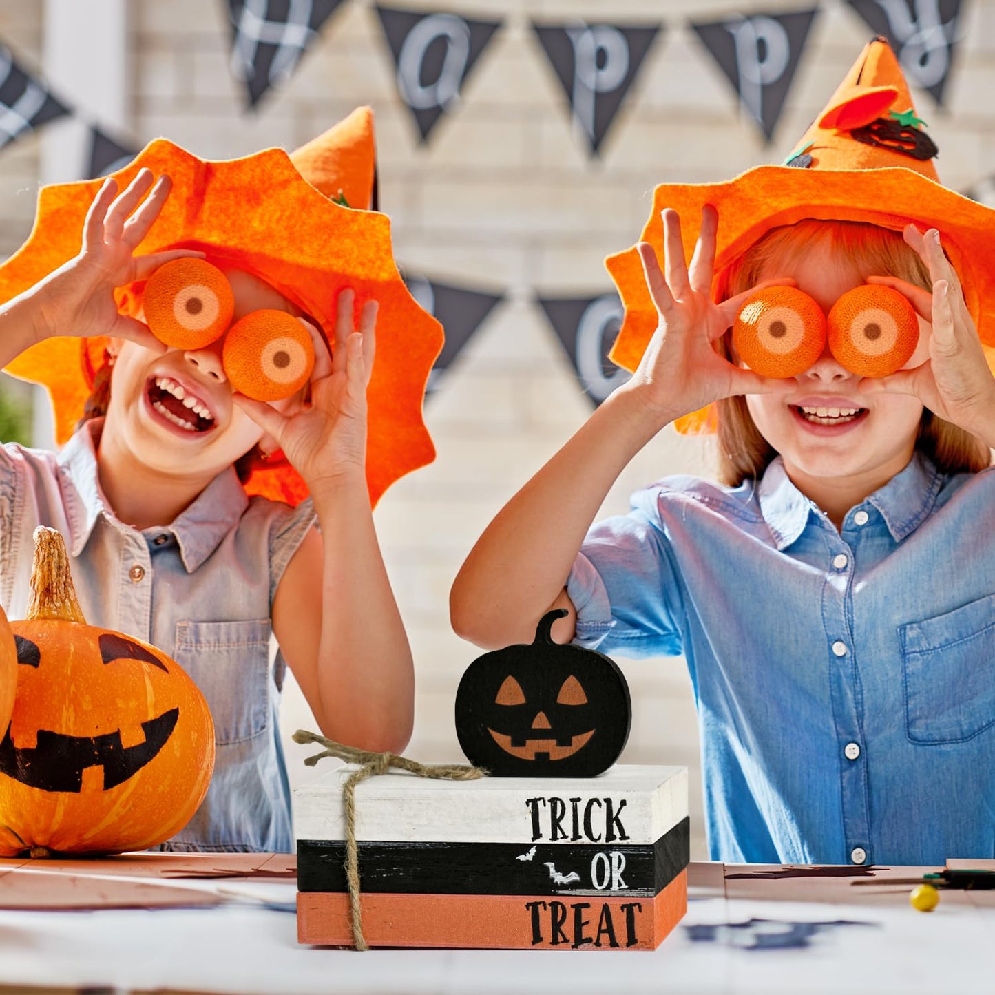 Smile Happy Halloween Wooden Stack, Pumpkin Mini Faux Books Bundle, Trick or Treat Tiered Tray Decorations, Indoor Decor for Kitchen Bathroom and Home Table Shelf