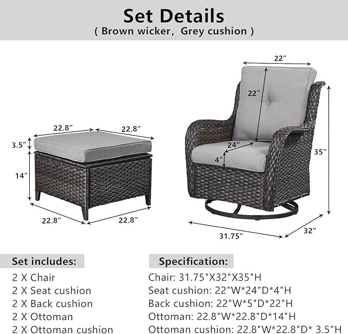 Belord 4 Pieces Patio Furniture Sets, Wicker Patio Swivel Glider Chair with Ottomans, Outdoor Furniture Set for Outside Porch, Deck, Balcony, Garden