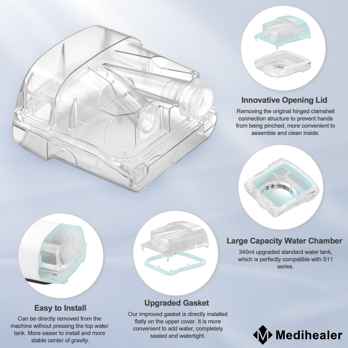 Improved Water Chamber for AirSense 11, HumidAir Water Tub for S11 Series, 340ml Upgraded Humidifier Tub Container,Great-Value CPAP Supplies by Medihealer.