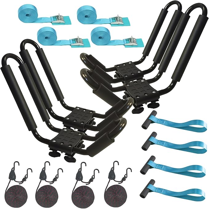 2 Pairs Heavy Duty Kayak Rack-Includes 4 Pcs Ratchet Tie-Mount on Car Roof Top Crossbar-Easy to Carry Kayak Canoe Boat Sur...