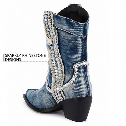 driceic Women's Blue Denim Rhinestones Mid Calf Boots Almond Pointed Chunky Block Heel Cowgirl Cowboy Boots Sparkly wide calf Western Jean Boots 6