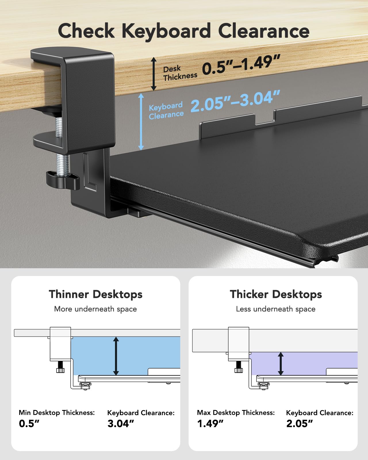 HUANUO Keyboard Tray Under Desk, Pull Out Keyboard Tray with C Clamp Mount, 26.5″ W x 11.8″ D Slide Out Computer Keyboard Drawer Mouse Tray for Typing, Black, HNKB12B