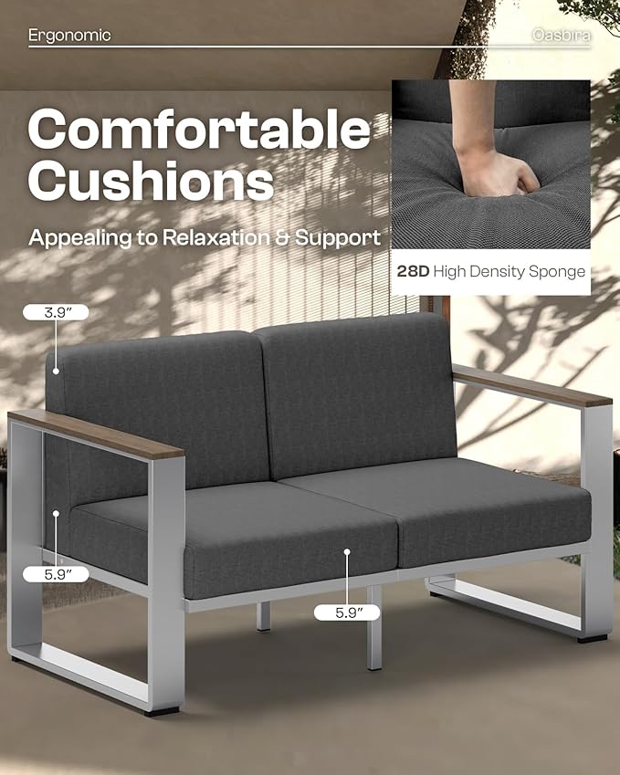 ComfCove Outdoor Aluminum Loveseat, Modern Patio Patio Furniture with Wide Seat and Thick Cushions, All-Weather Oversized Couch for Deck, Porch