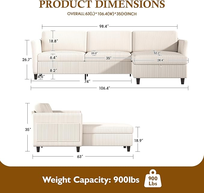Valthie Convertible Sectional Sofa,Corduroy L-Shaped Couch with Reversible Storage Chaise,3-Seater Sofa with Side Pocket for Living Room,Bedroom and Office, 106.7",Beige