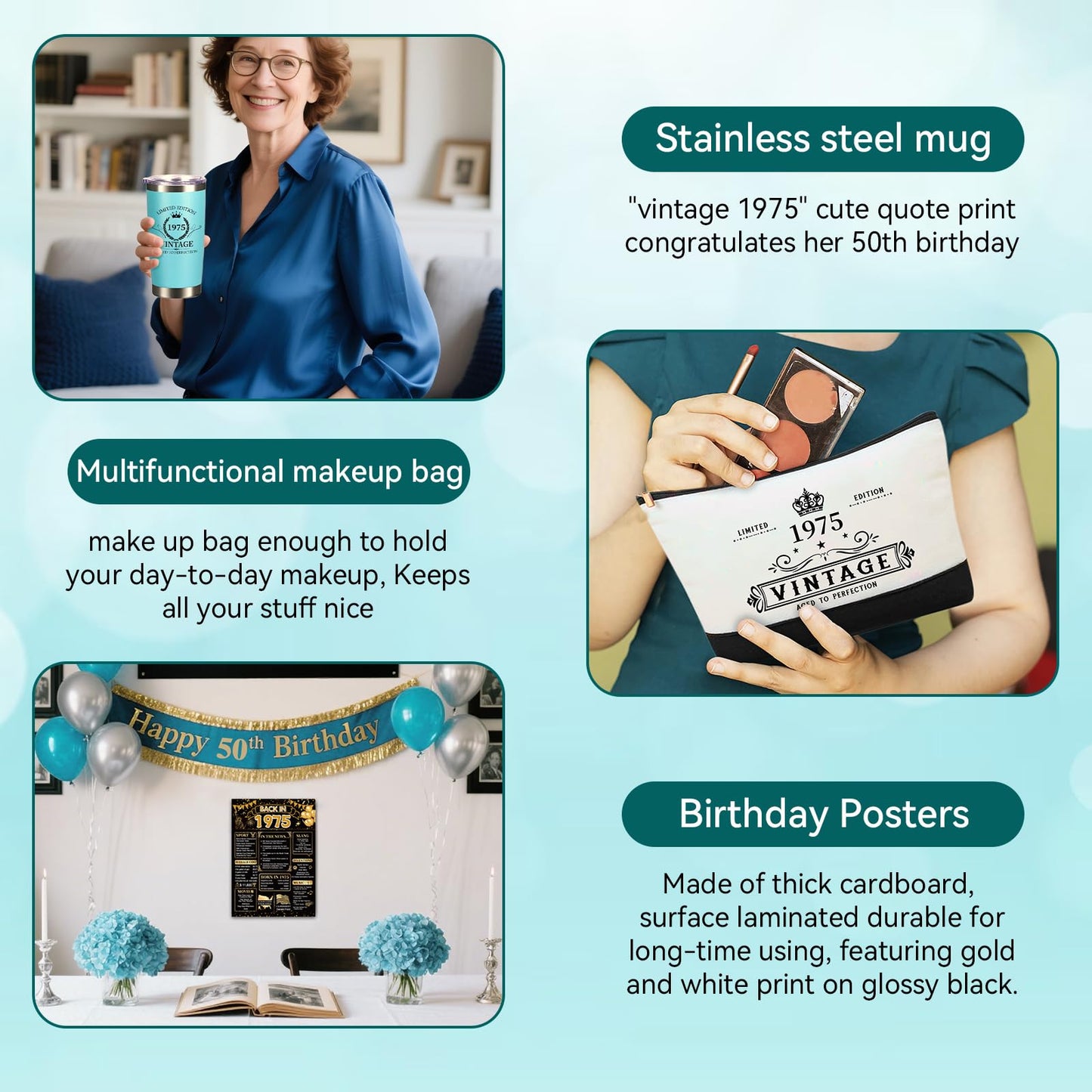 TrophyToast 50th Birthday Gifts for Women Her- 4 pcs, Turning 50 Year Old Gifts, Decorations Canvas Beach Tote Bag & Makeup Bag, Unique Happy 50th Birthday gifts for Her Mom Wife Friends
