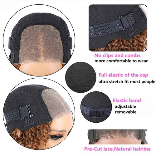 14 Inch Highlight Blonde Wear and Go Glueless Curly Bob Wig Human Hair Pre Plucked, Glueless Pre cut HD Lace Front Wigs Human Hair,Water Wave No Glue wigs, Natural Hairline for Women 200% Density