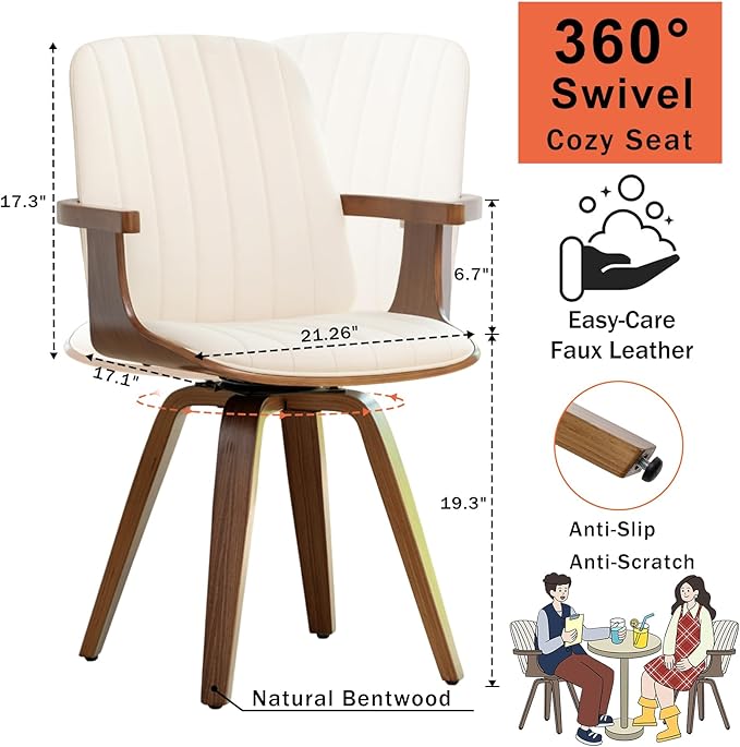 WUPOTO Set of 1 Swivel Dining Chair, Mid Century Modern Dining Chair with Walnut Craftsmanship, Upholstered Faux Leather, Wooden Arms and Legs, Kitchen Chair with Arms for Kitchen/Living Room - Beige