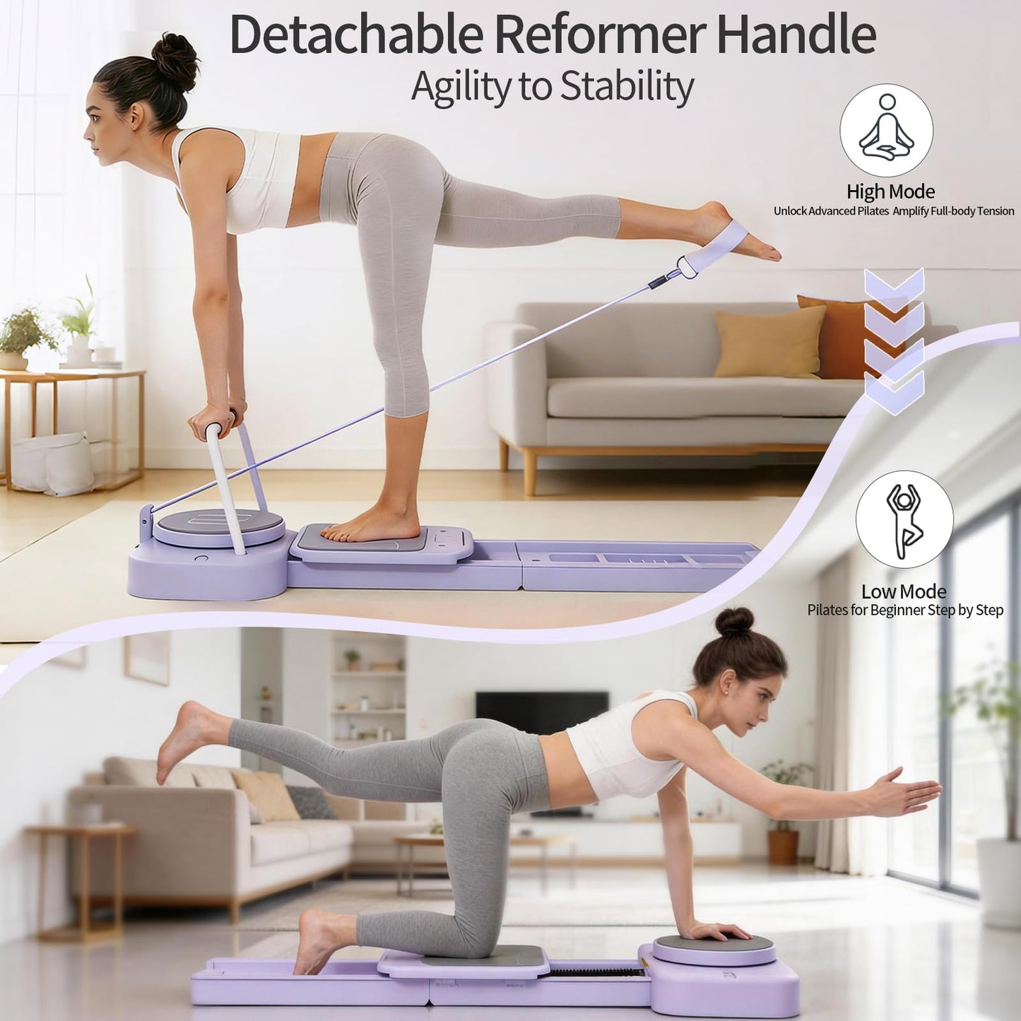 Lerpio Pilates Reformer Board with 3 Adjustable Resistance, 60'' Foldable & Portable Pilates Machine for Home Use, Tool-Free Assembly, Includes Storage Box and 3 Yoga Socks (Purple)