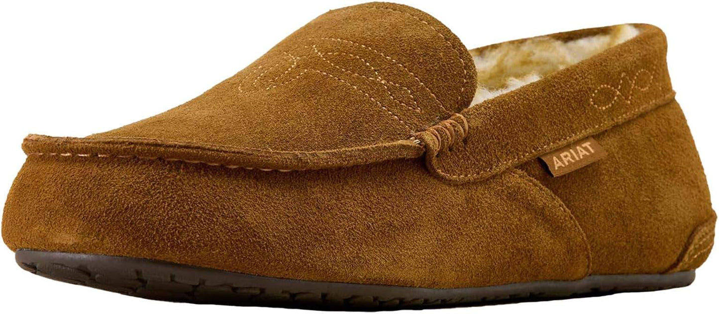 ARIAT Men's Clayton Moccasin Slippers - Durable Genuine Suede Warm Casual Stylish Indoor/Outdoor Shoes with Plush Boa Lining