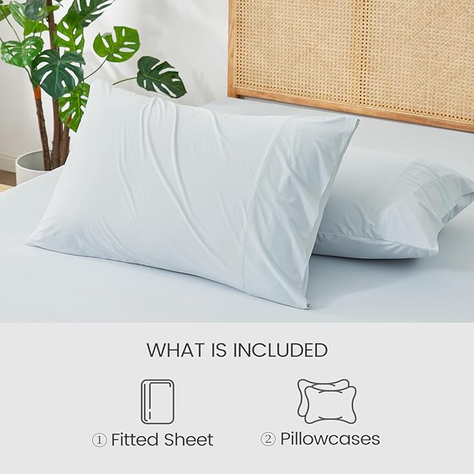 Cozy Bliss Premium Cooling Sheet Set King Size, Q-Max>0.4, 3PCS No Flat Sheet with 2 Pillowcases, Breathable Fitted Sheet for Hot Sleepers & Night Sweats, Deep Pocket Up to 18 Inches, Cool Blue