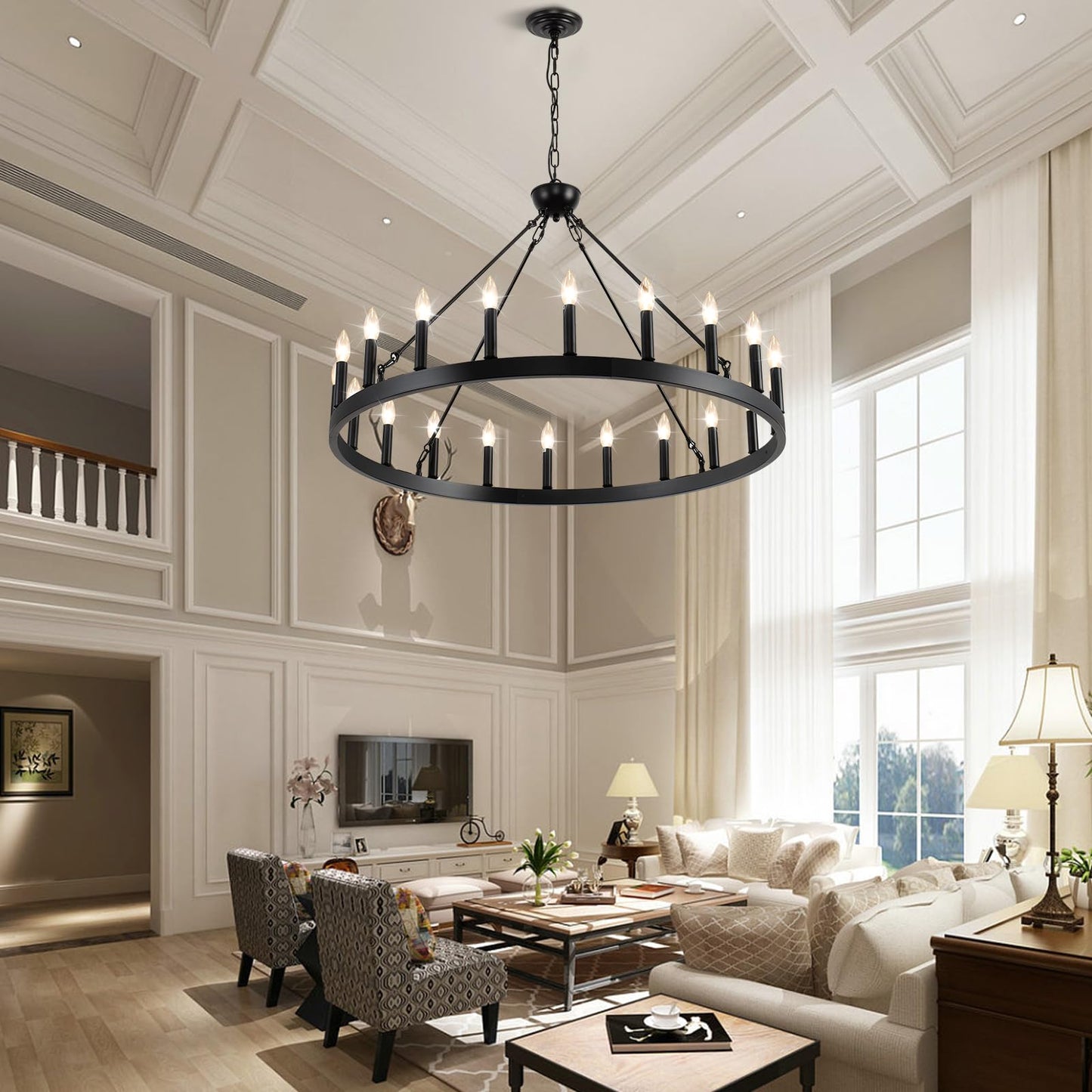 VBKK Wagon Wheel Chandeliers 40" 20-Light, Black Modern Farmhouse Chandelier with Adjustable Height, Hanging Island Light Fixture for Dining Living Ceiling Room Outdoor