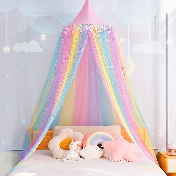 MOOZHEALTH Rainbow Bed Canopy for Girls,Shiny Kids Princess Round Dome Bed Curtain with Star Moon Glitter,Kids Crib Canopy...