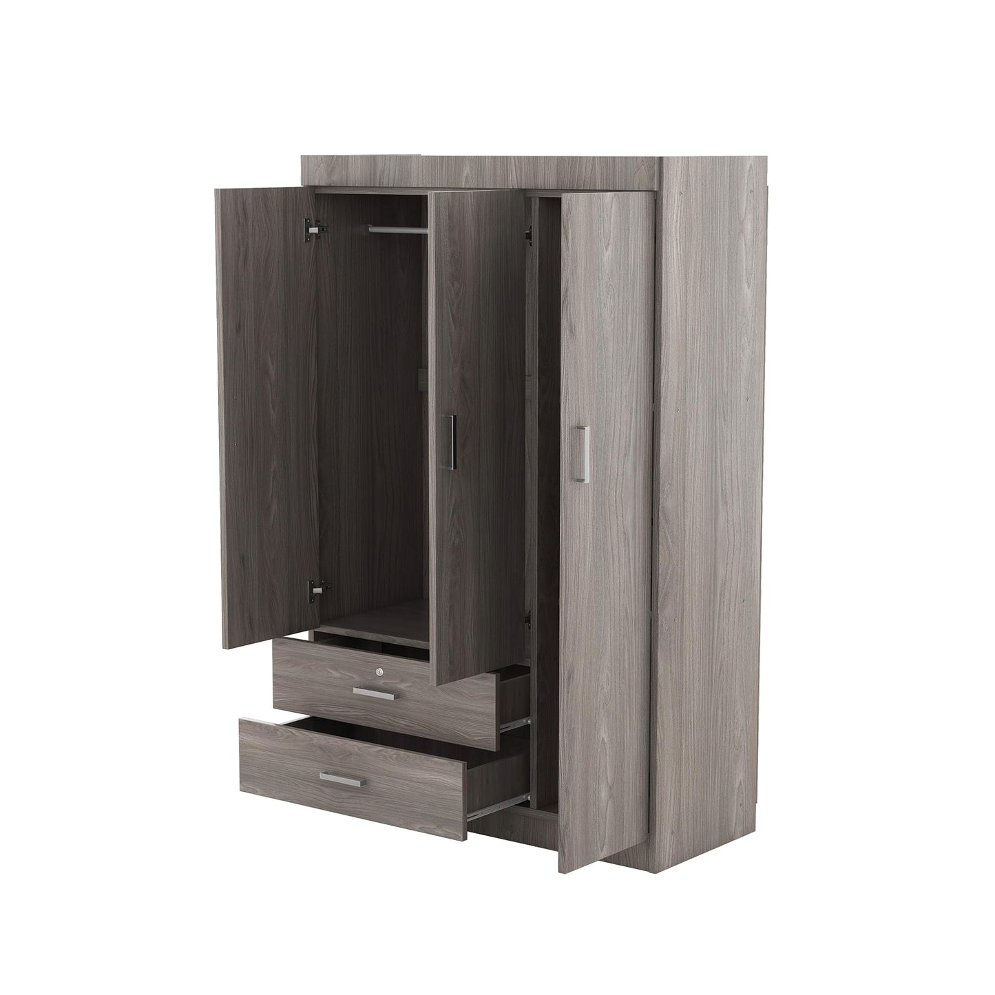 LZ LEISURE ZONE 3 Doors Wardrobe Armoire Closet, Large Freestanding Armoire Wardrobe Cabinet with 2 Drawers, Bedroom Wardrobe Clothes Storage Cabinet Organizer, Wood Grain Effect in Gray, LP006001