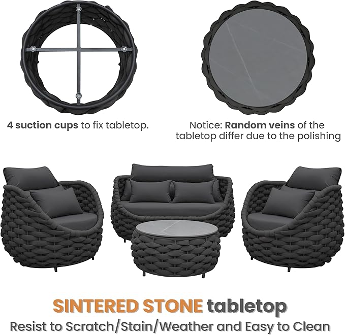 Erotr 4 Pieces Outdoor Patio Furniture Set, All Weather Textilene Patio Conversation Set Patio Sofa and Loveseat Set with Table Cushions for Bistro Poolside Garden Backyard Hotel - Dark Gray