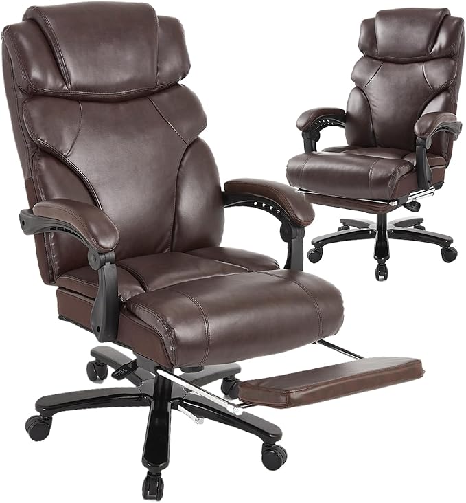 KCREAM 550lbs Heavy Duty Office Chair with Wide Seat,Big and Tall Executive Office Chair,Ergonomic Reclining Desk Chair with Footrest,PU Leather Computer Chair for Home and Office Use,Brown