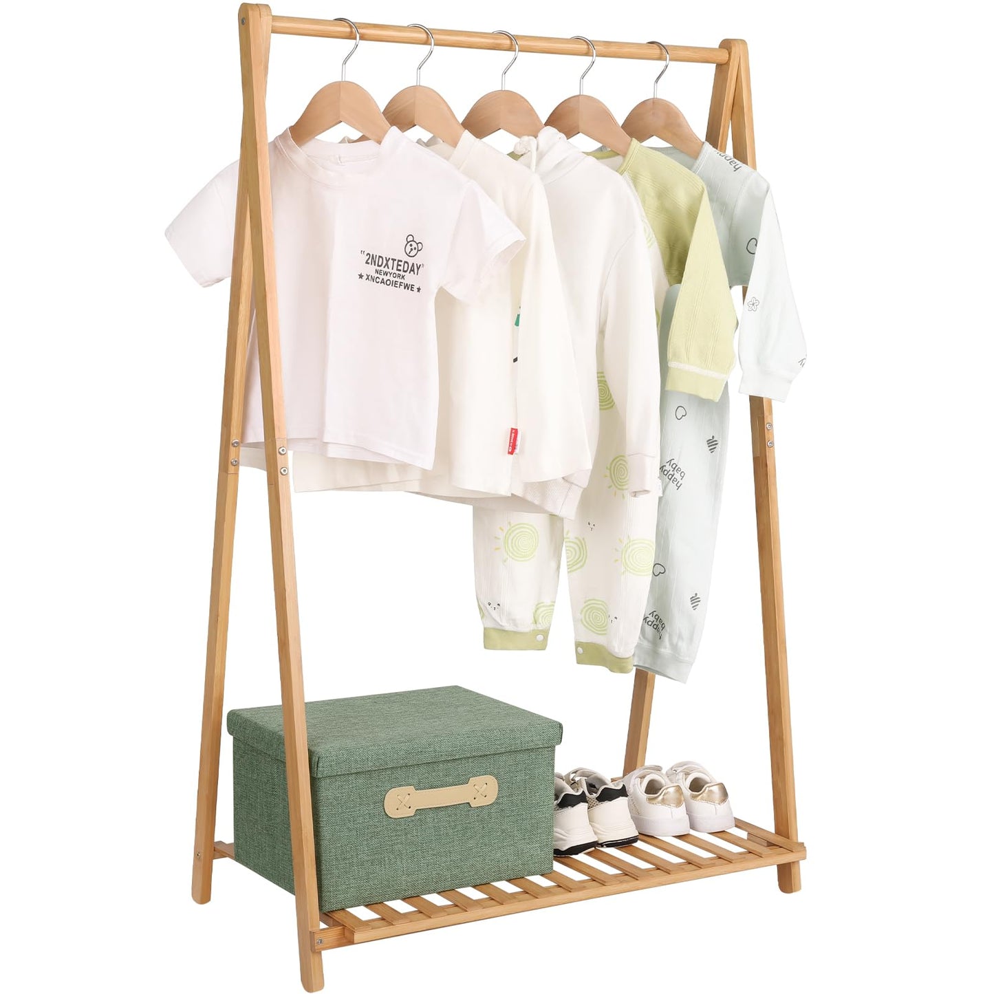Jotsport Small Clothes Rack Kids Dress Up Storage for Playroom, Toddlers Bedroom, Bamboo Child Garment Rack with Storage Shelf, Kids Clothing Rack Costumes Organizer