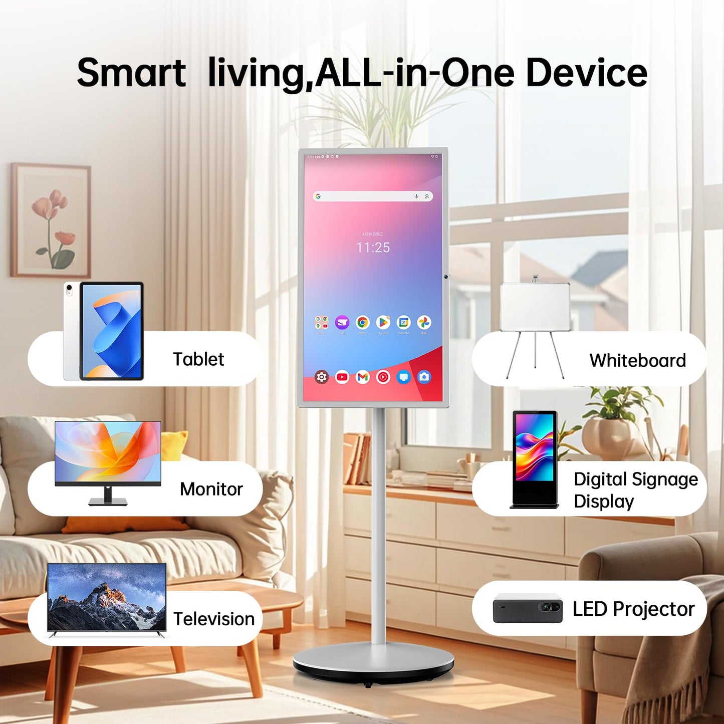 HORION Smart Portable TV,27 Inch FHD Portable Touch Screen Monitor with 8MP Camera, 8GB+128GB, Android 14, Google EDLA-Certified,Built-in Speaker, Tilt/Height/Swivel/Pivot Stand,Built-in Battery