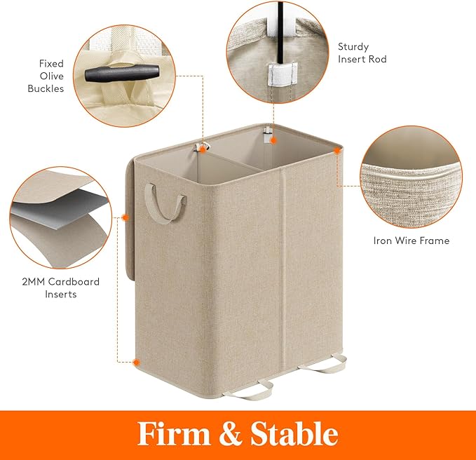 Lifewit Double Laundry Hamper with Lid and Removable Laundry Bags, Large Collapsible 2 Dividers Dirty Clothes Basket with Handles for Bedroom, Laundry Room, Closet, Bathroom, College, 155L Beige