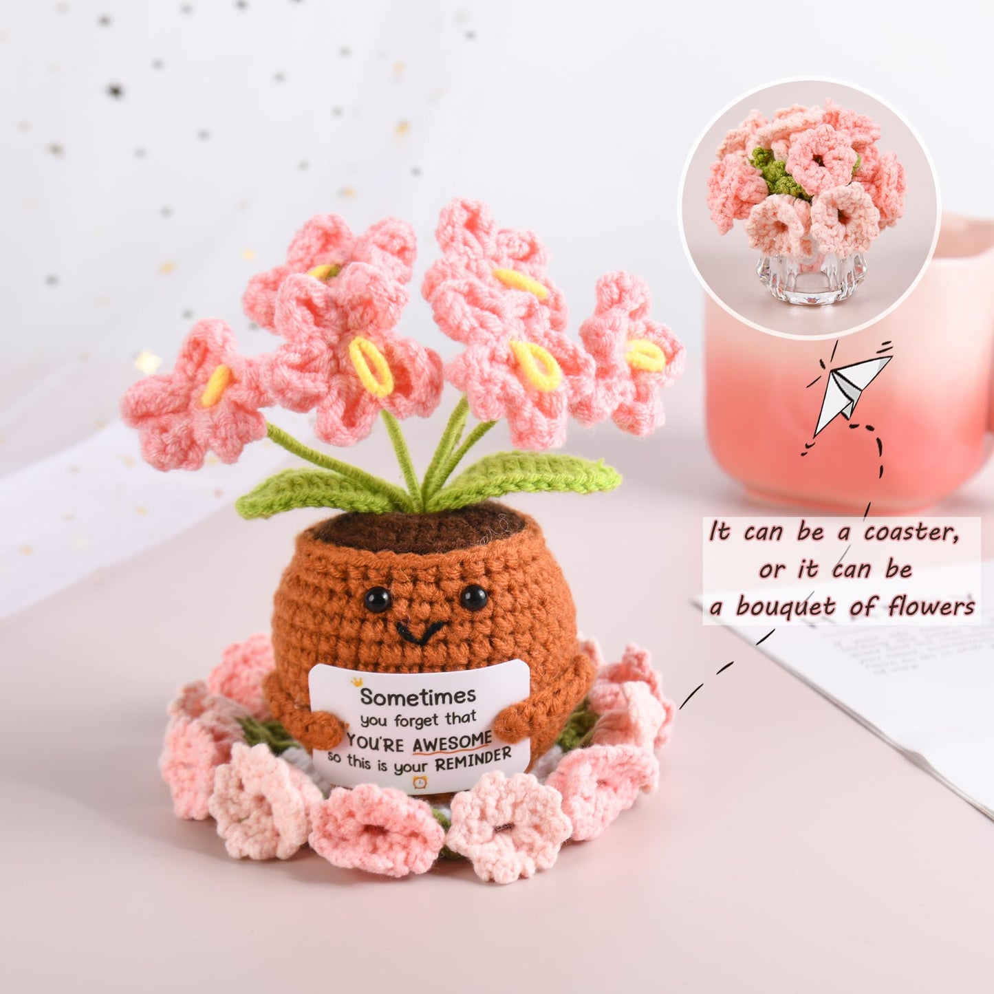 Birthday Gifts for Women, Knitted Tassel Throw Blanket Pink Gift Basket with Handmade Crocheted Potted Plants and Flower Coasters, Inspirational for Mom Her Wife Friend Grandma