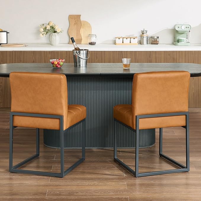 GrandNoor Brown Faux Leather Dining Chairs Set of 4, Mid-Century Modern Dining Room Chairs with Armless, Checkered Kitchen Chair with Metal Legs