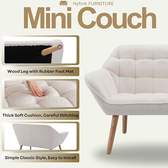 Hyfirm Small Loveseat Sofa, 48 inch Love Seat for Living Room Comfy Sherpa Mini Couch with Wood Legs for Small Spaces Bedroom Apartment Office, White